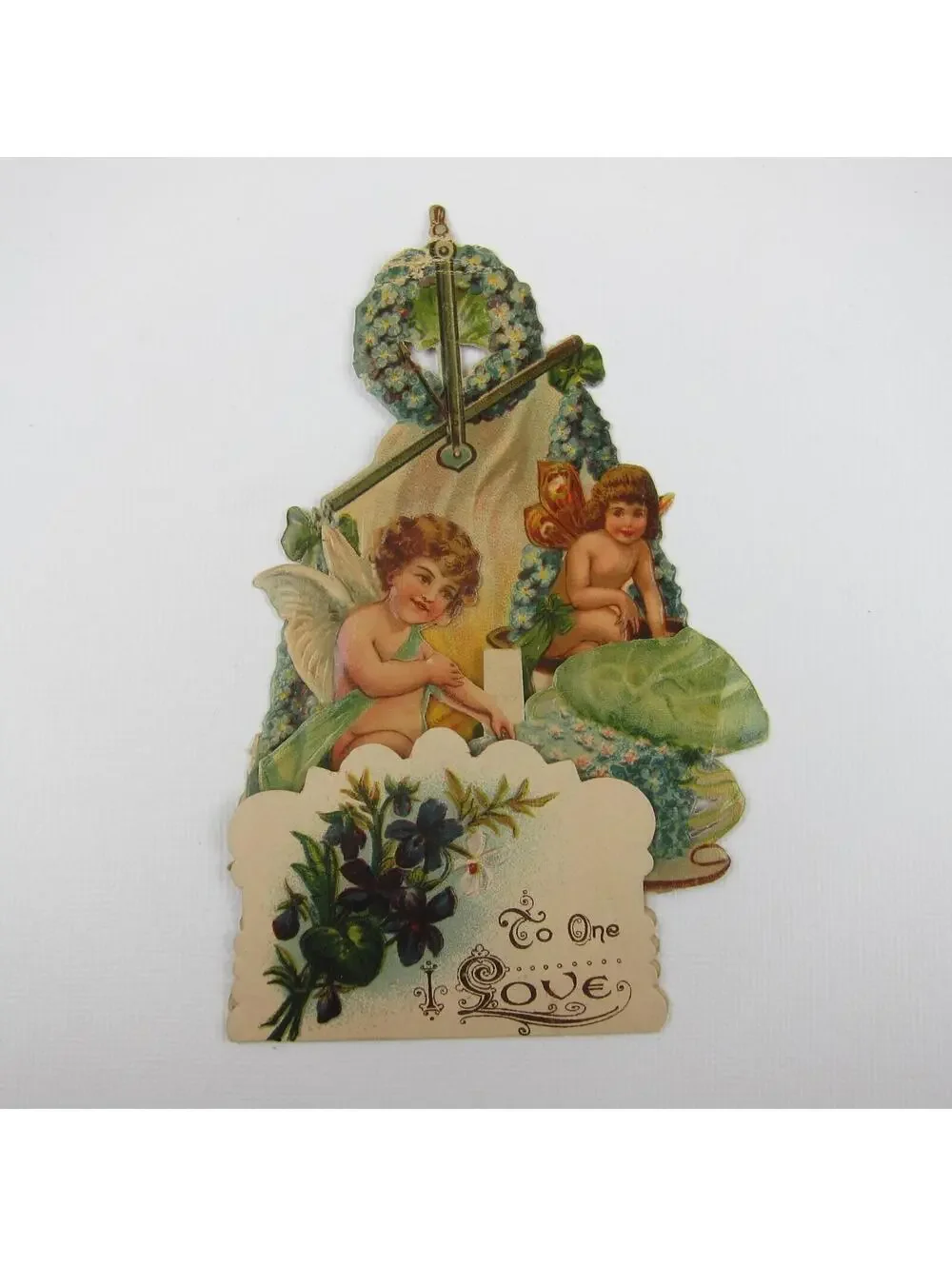 Vintage Valentine 3D Pop Up Die Cut Angel Boy Cupid Wings Scale Blue Flowers